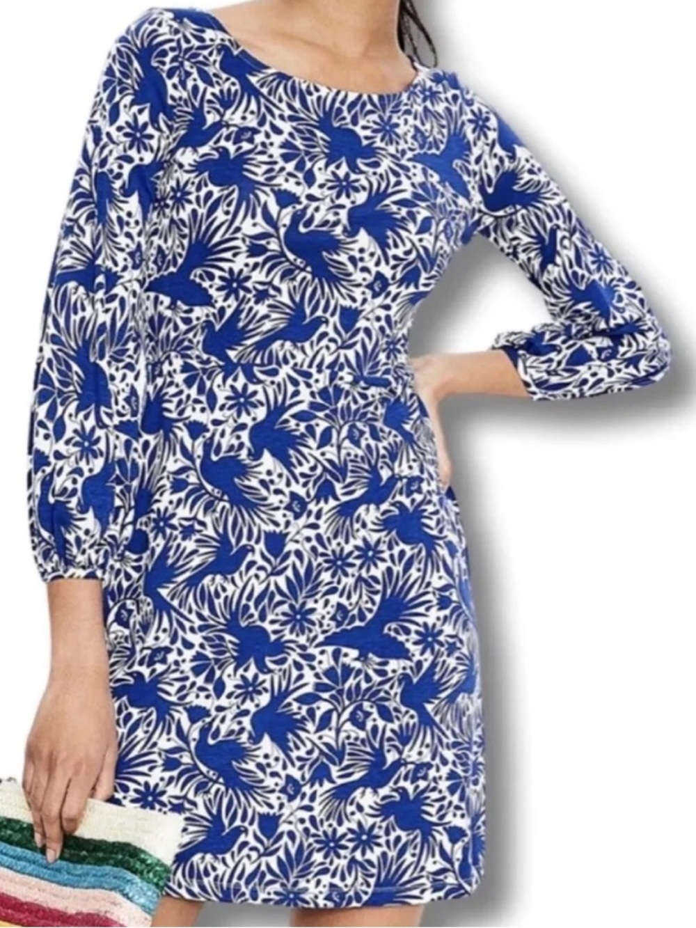 Boden Lucie Jersey Tunic Dress in Blue and White Lapis Bird Print size 4